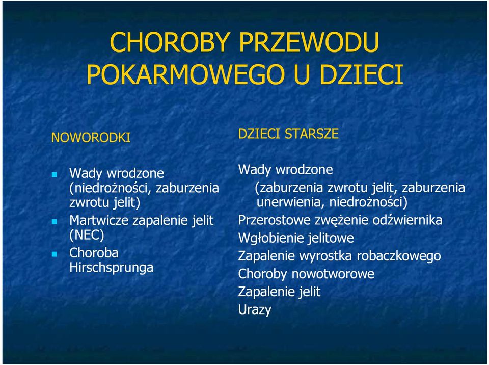 wrodzone (zaburzenia zwrotu jelit, zaburzenia unerwienia, niedrożności) Przerostowe zwężenie