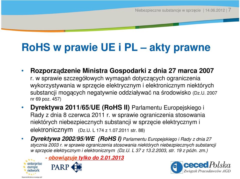 2007 nr 69 poz. 457) Dyrektywa 2011/65/UE (RoHS II) Parlamentu Europejskiego i Rady z dnia 8 czerwca 2011 r.