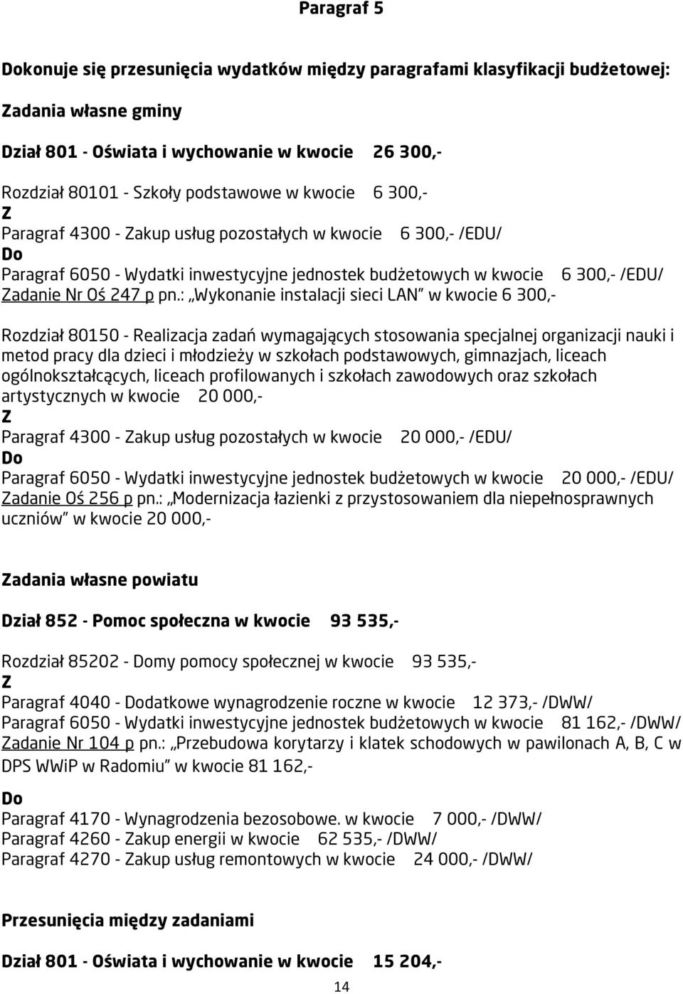 : Wykonanie instalacji sieci LAN w kwocie 6 300,- Rozdział 80150 - Realizacja zadań wymagających stosowania specjalnej organizacji nauki i metod pracy dla dzieci i młodzieży w szkołach podstawowych,