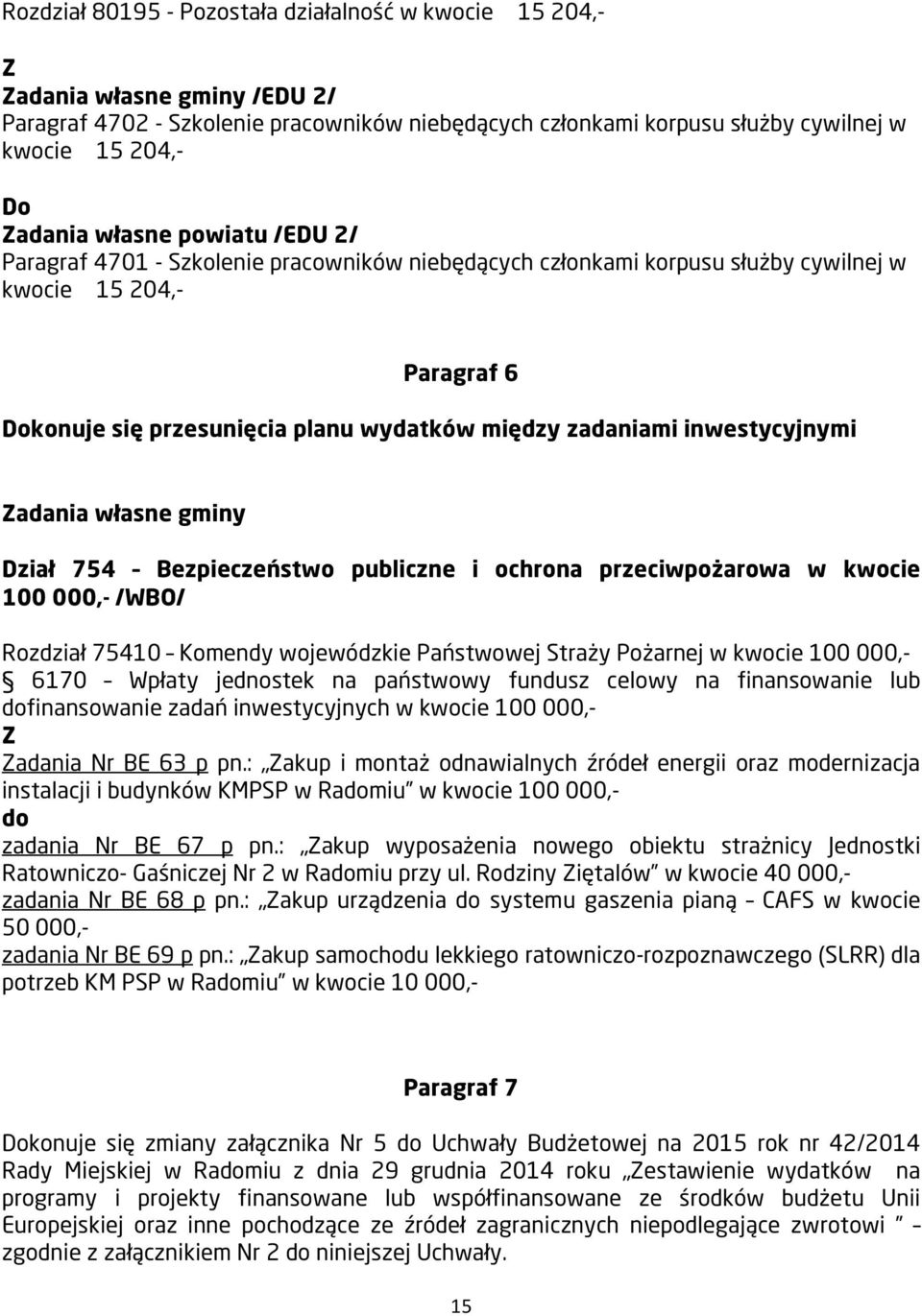 zadaniami inwestycyjnymi Zadania własne gminy Dział 754 Bezpieczeństwo publiczne i ochrona przeciwpożarowa w kwocie 100 000,- /WBO/ Rozdział 75410 Komendy wojewódzkie Państwowej Straży Pożarnej w