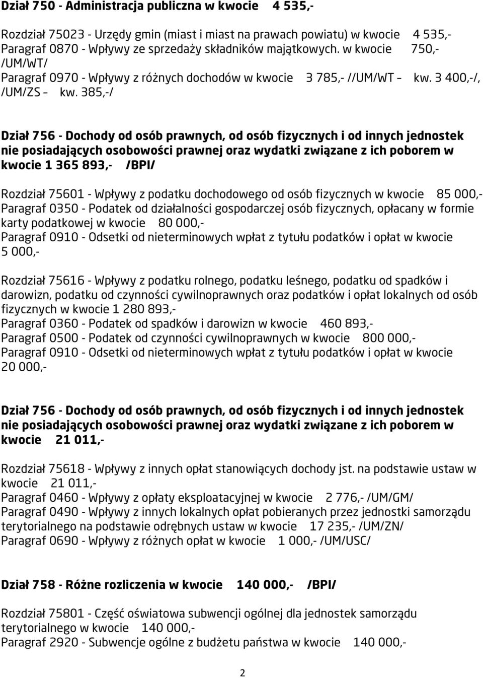 385,-/ Dział 756 - Dochody od osób prawnych, od osób fizycznych i od innych jednostek nie posiadających osobowości prawnej oraz wydatki związane z ich poborem w kwocie 1 365 893,- /BPI/ Rozdział