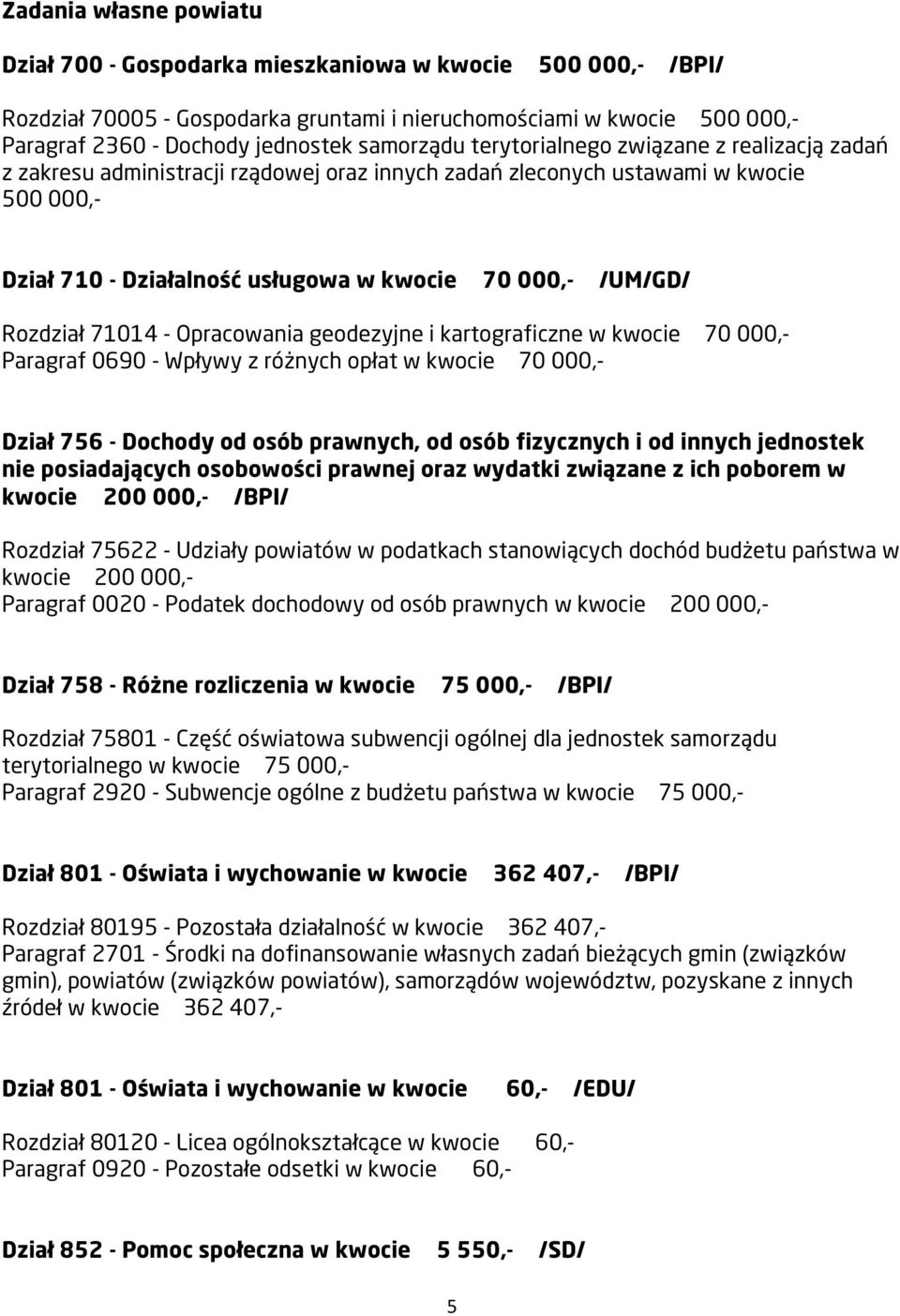 /UM/GD/ Rozdział 71014 - Opracowania geodezyjne i kartograficzne w kwocie 70 000,- Paragraf 0690 - Wpływy z różnych opłat w kwocie 70 000,- Dział 756 - Dochody od osób prawnych, od osób fizycznych i