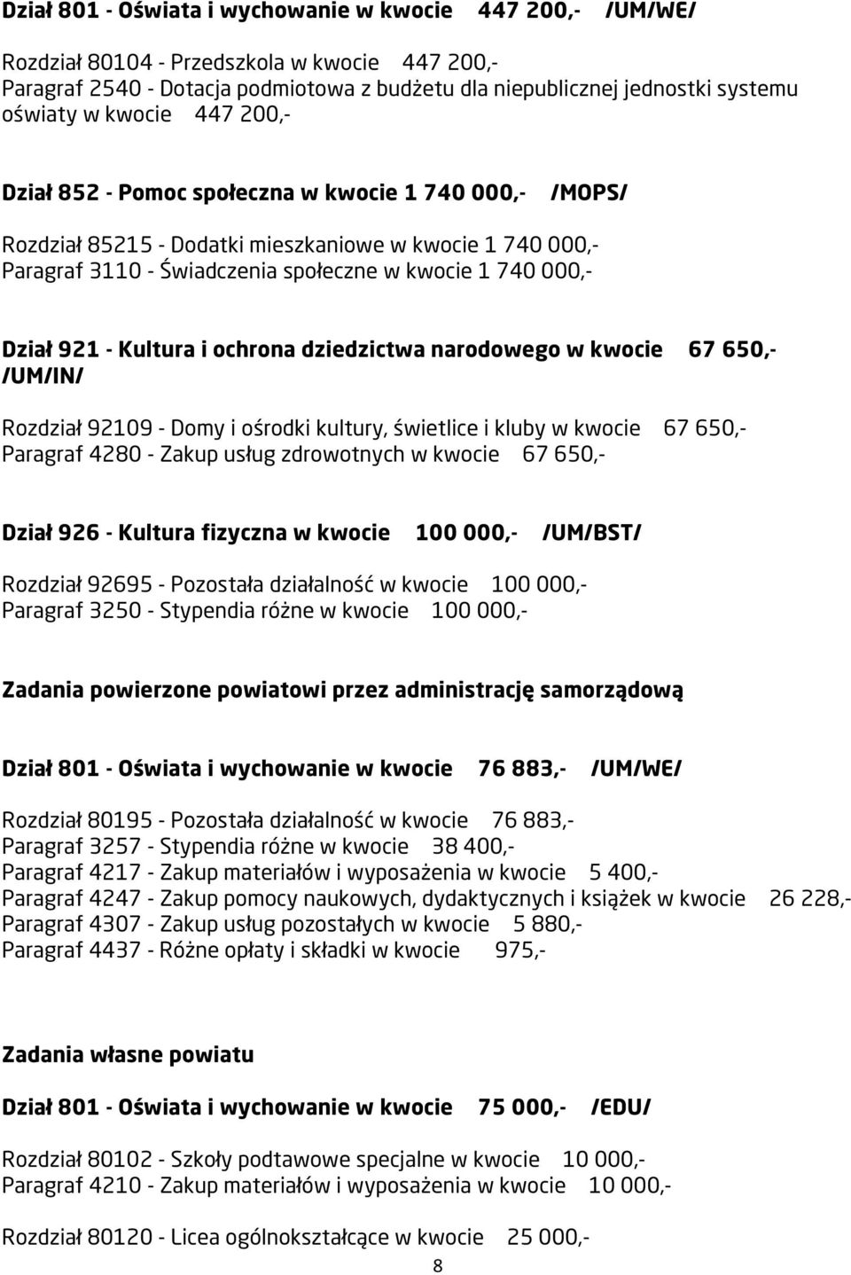 921 - Kultura i ochrona dziedzictwa narodowego w kwocie 67 650,- /UM/IN/ Rozdział 92109 - Domy i ośrodki kultury, świetlice i kluby w kwocie 67 650,- Paragraf 4280 - Zakup usług zdrowotnych w kwocie