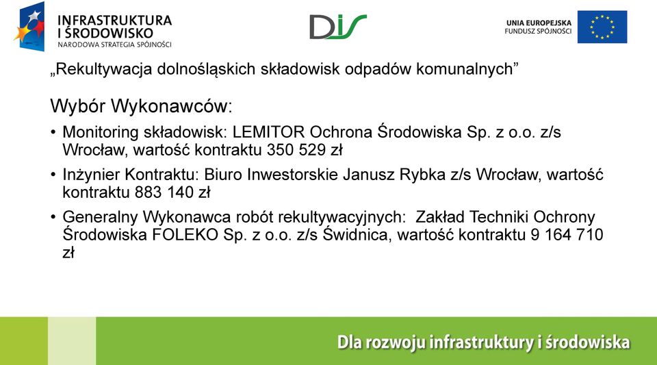 itoring składowisk: LEMITOR Ochrona Środowiska Sp. z o.o. z/s Wrocław, wartość kontraktu