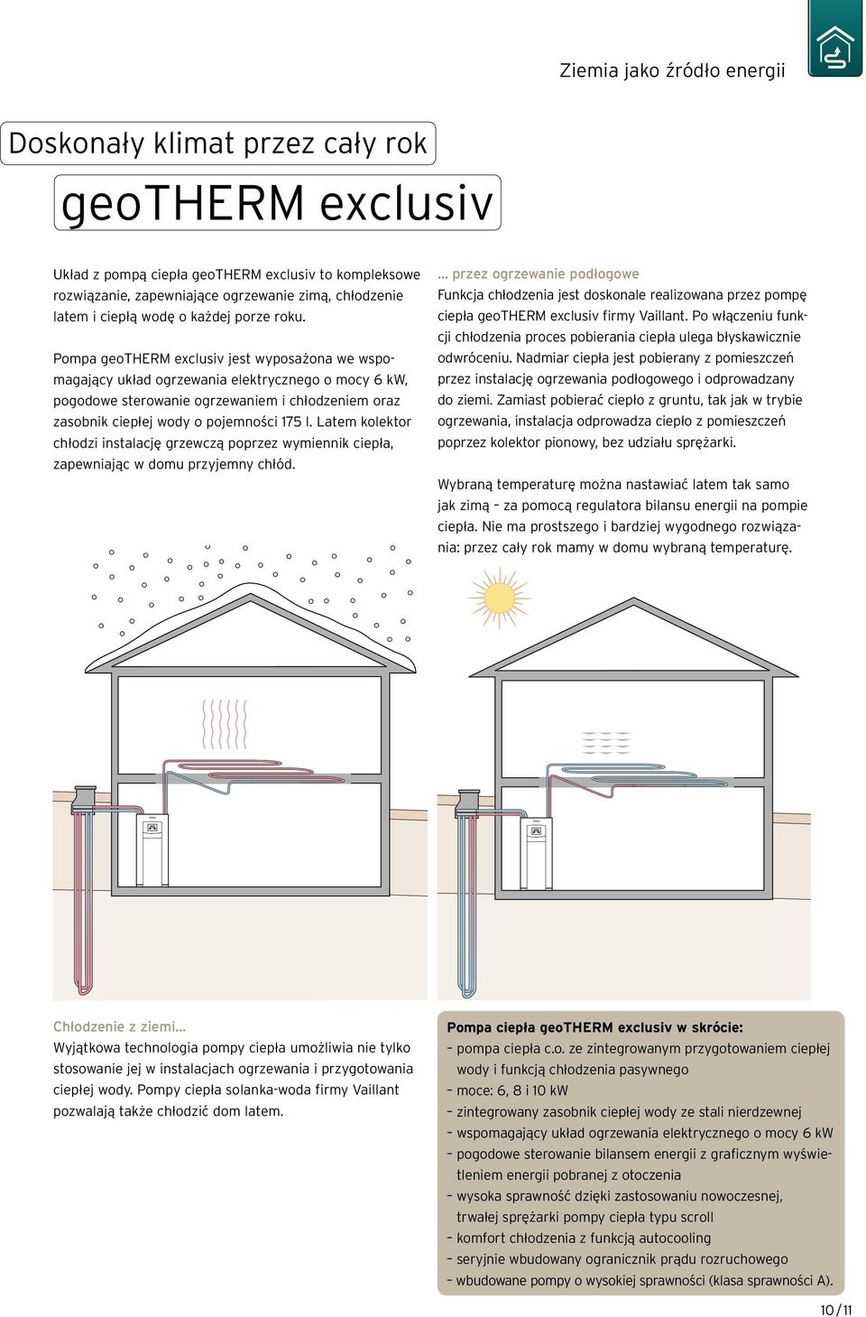 Pompa geotherm exclusiv jest wyposażona we wspomagający uk ad ogrzewania elektrycznego o mocy 6, pogodowe sterowanie ogrzewaniem i chłodzeniem oraz zasobnik ciep ej wody o pojemności 175 l.