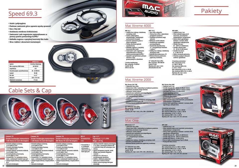 systemu pomiarowego KLIPPEL Nakładka magnesu o specjalnej konstrukcji Mac Audio Wraz z kablem i akcesoriami montażowymi SPEED 69.3 System 3-drożny trójosiowy Moc szczytowa RMS/maks.