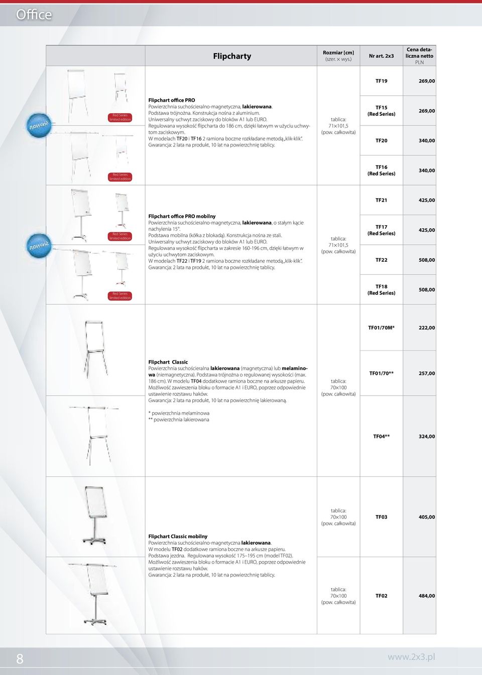 W modelach TF20 i TF16 2 ramiona boczne rozkładane metodą klik-klik. Gwarancja: 2 lata na produkt, 10 lat na powierzchnię tablicy. tablica: 71 101,5 (pow.