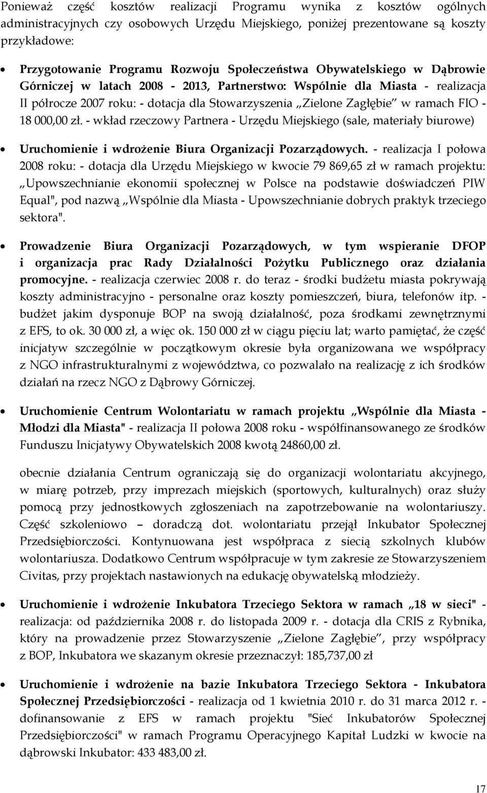 18 000,00 zł. - wkład rzeczowy Partnera - Urzędu Miejskiego (sale, materiały biurowe) Uruchomienie i wdrożenie Biura Organizacji Pozarządowych.
