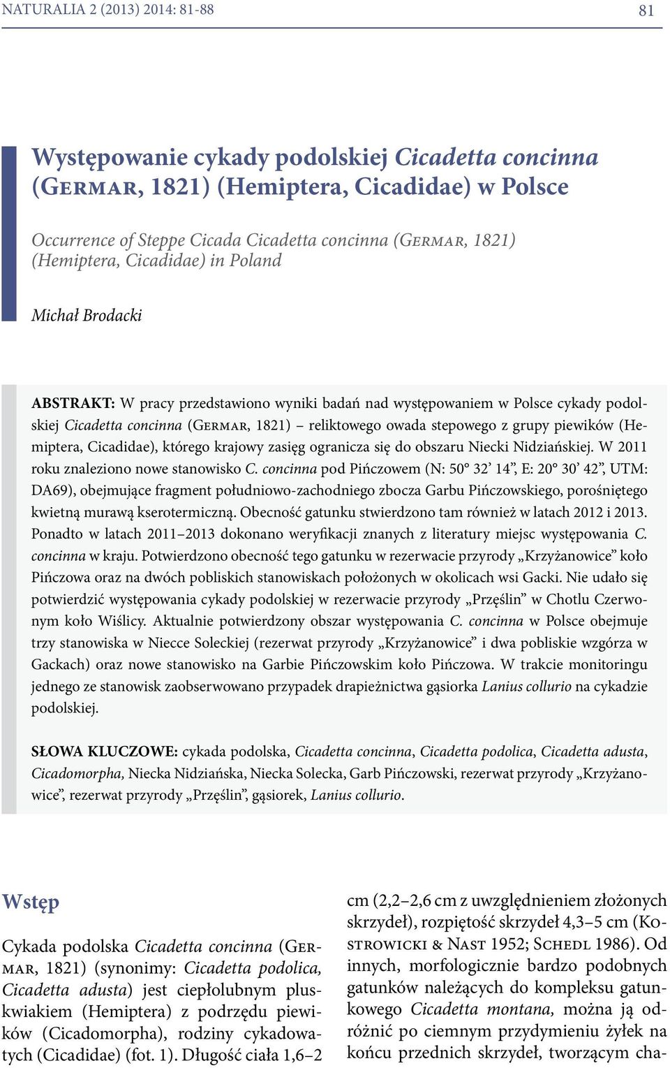 stepowego z grupy piewików (Hemiptera, Cicadidae), którego krajowy zasięg ogranicza się do obszaru Niecki Nidziańskiej. W 2011 roku znaleziono nowe stanowisko C.