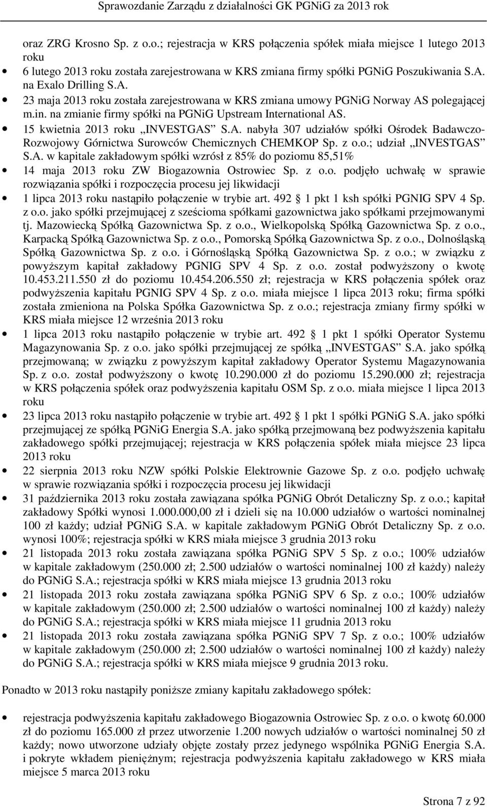 15 kwietnia 2013 roku INVESTGAS S.A. nabyła 307 udziałów spółki Ośrodek Badawczo- Rozwojowy Górnictwa Surowców Chemicznych CHEMKOP Sp. z o.o.; udział INVESTGAS S.A. w kapitale zakładowym spółki wzrósł z 85% do poziomu 85,51% 14 maja 2013 roku ZW Biogazownia Ostrowiec Sp.