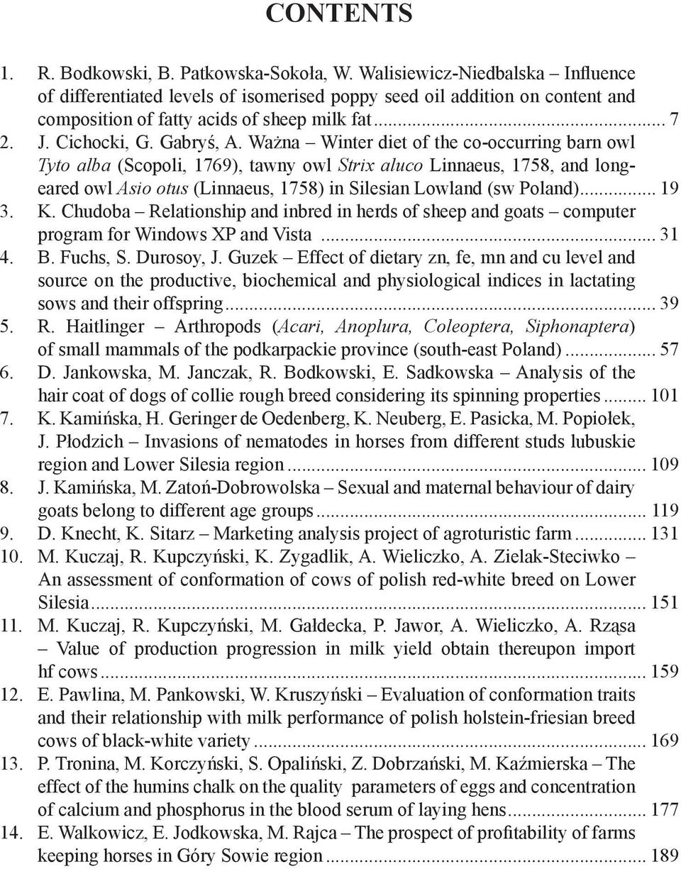 Ważna Winter diet of the co-occurring barn owl Tyto alba (Scopoli, 1769), tawny owl Strix aluco Linnaeus, 1758, and longeared owl Asio otus (Linnaeus, 1758) in Silesian Lowland (sw Poland)... 19 3. K.