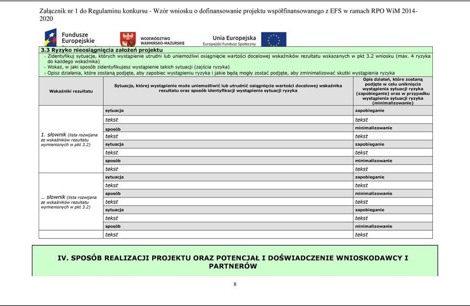 4 ryzyka do każdego wskaźnika) - Wskaż, w jaki sposób zidentyfikujesz wystąpienie takich sytuacji (zajścia ryzyka) - Opisz działania, które zostaną podjęte, aby zapobiec wystąpieniu ryzyka i jakie