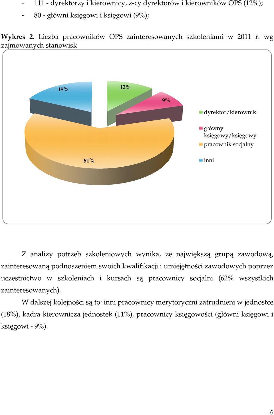 zainteresowaną podnoszeniem swoich kwalifikacji i umiejętności zawodowych poprzez uczestnictwo w szkoleniach i kursach są pracownicy socjalni (62% wszystkich zainteresowanych).