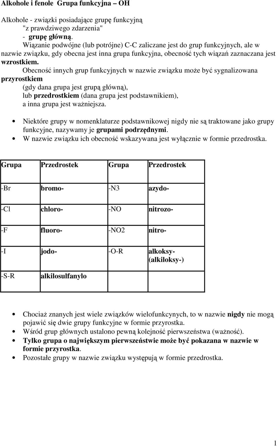 Obecność innych grup funkcyjnych w nazwie związku moŝe być sygnalizowana przyrostkiem (gdy dana grupa jest grupą główną), lub przedrostkiem (dana grupa jest podstawnikiem), a inna grupa jest