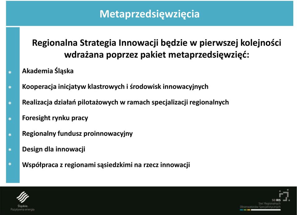 innowacyjnych Realizacja działań pilotażowych w ramach specjalizacji regionalnych Foresight rynku