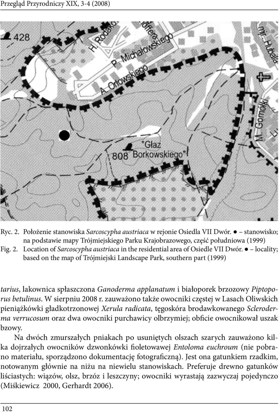 locality; based on the map of Trójmiejski Landscape Park, southern part (1999) tarius, lakownica spłaszczona Ganoderma applanatum i białoporek brzozowy Piptoporus betulinus. W sierpniu 2008 r.