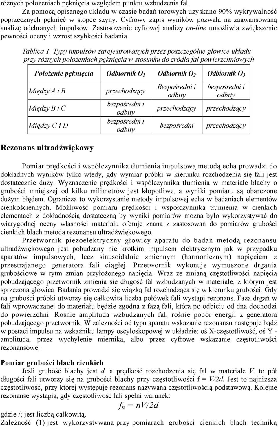 Typy impulsów zarejestrowanych przez poszczególne głowice układu przy różnych położeniach pęknięcia w stosunku do źródła fal powierzchniowych Położenie pęknięcia Odbiornik O 1 Odbiornik O 2 Odbiornik