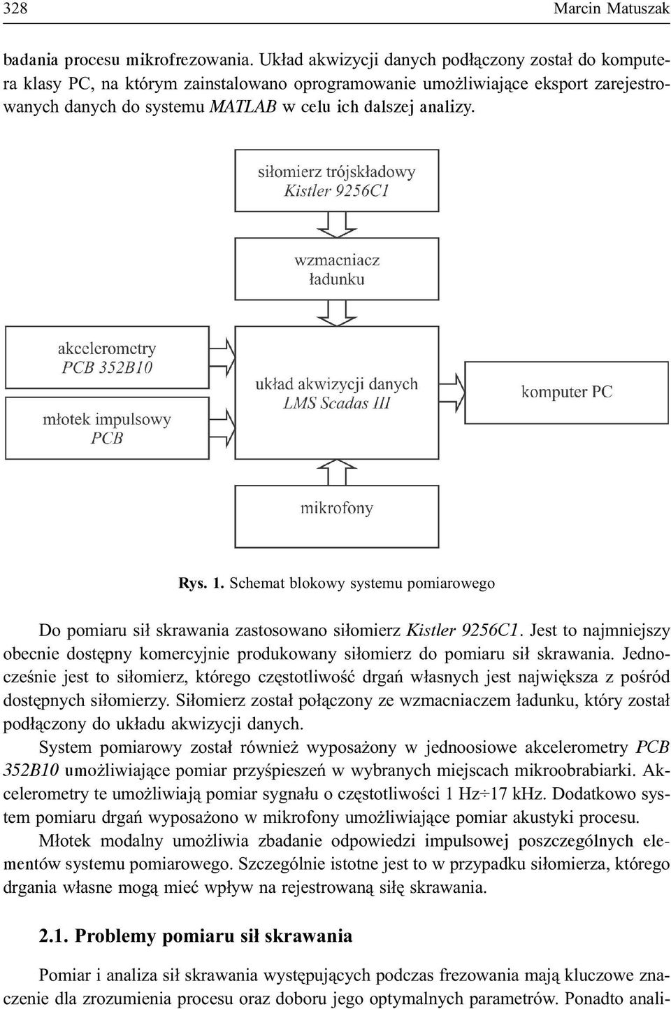 1. Schemat blokowy systemu pomiarowego Do pomiaru si³ skrawania zastosowano si³omierz Kistler 9256C1. Jest to najmniejszy obecnie dostêpny komercyjnie produkowany si³omierz do pomiaru si³ skrawania.