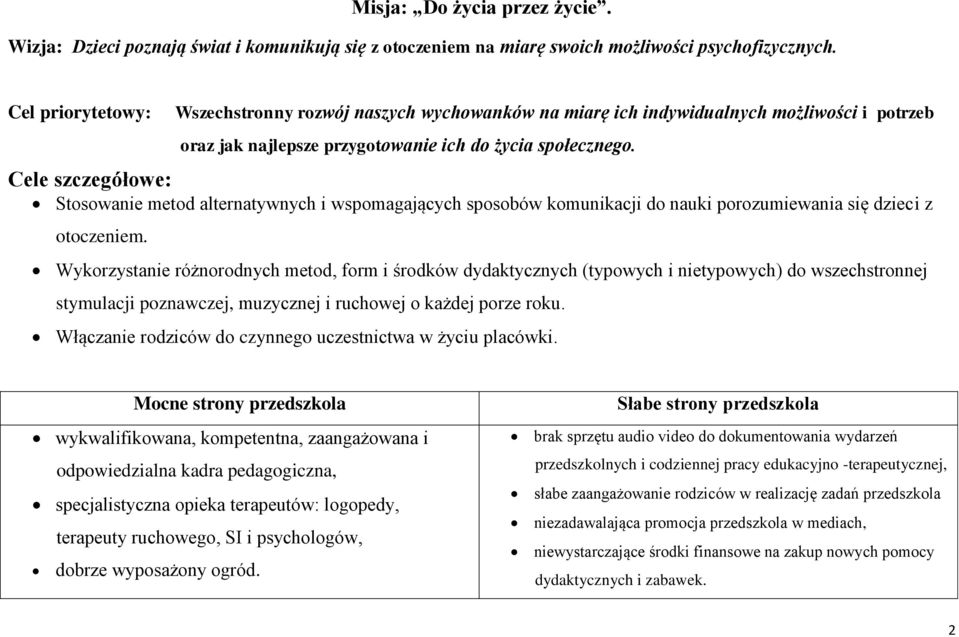 Cele szczegółowe: Stosowanie metod alternatywnych i wspomagających sposobów komunikacji do nauki porozumiewania się dzieci z otoczeniem.