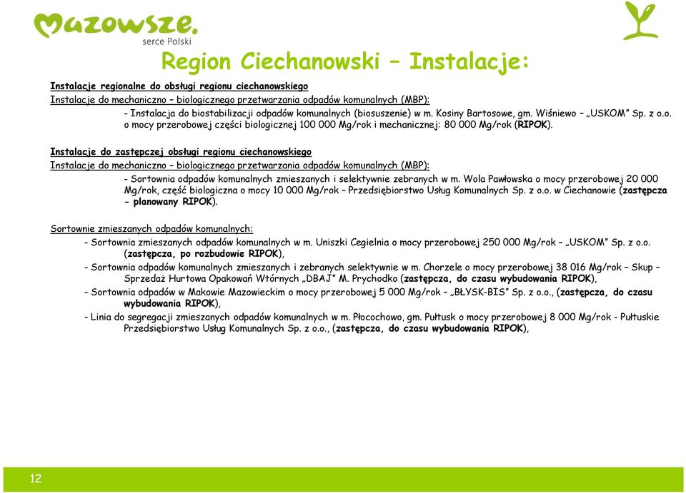 Instalacje do zastępczej obsługi regionu ciechanowskiego Instalacje do mechaniczno biologicznego przetwarzania odpadów komunalnych (MBP): - Sortownia odpadów komunalnych zmieszanych i selektywnie