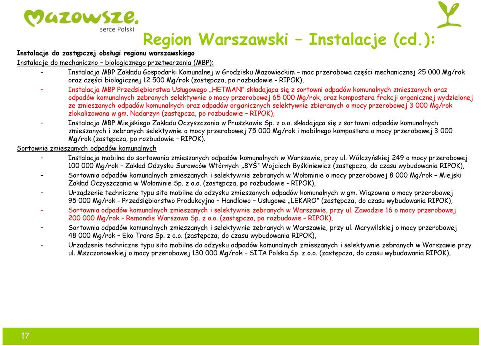 przerobowa części mechanicznej 25 000 Mg/rok oraz części biologicznej 12 500 Mg/rok (zastępcza, po rozbudowie - RIPOK), Instalacja MBP Przedsiębiorstwa Usługowego HETMAN składająca się z sortowni