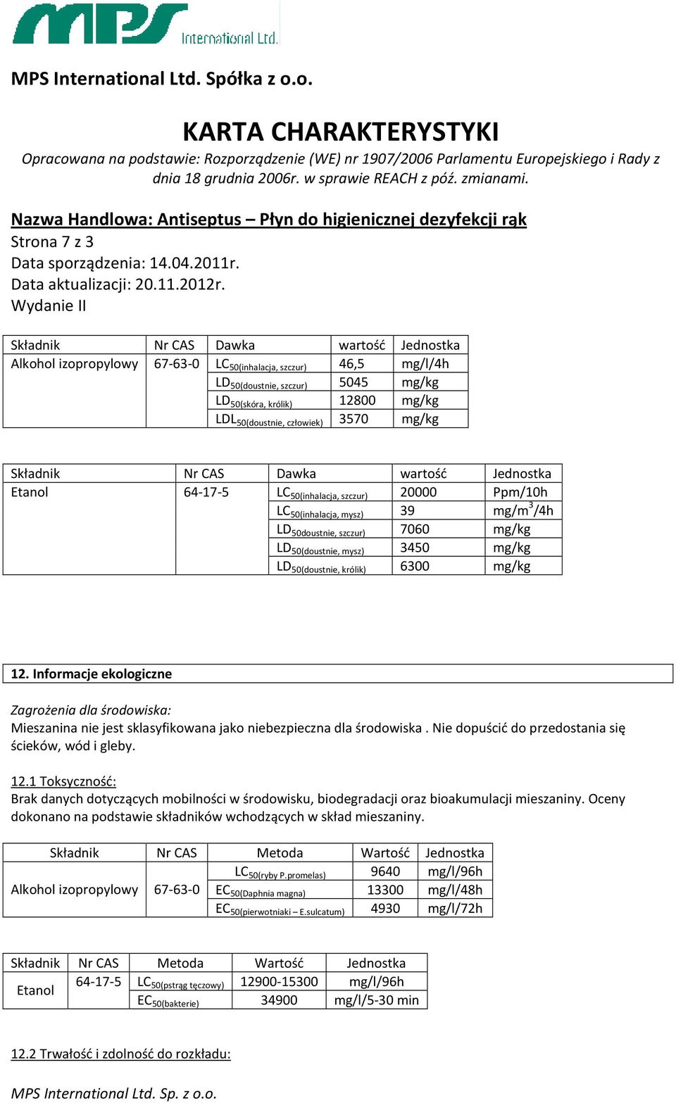 LD 50(doustnie, mysz) 3450 mg/kg LD 50(doustnie, królik) 6300 mg/kg 12. Informacje ekologiczne Zagrożenia dla środowiska: Mieszanina nie jest sklasyfikowana jako niebezpieczna dla środowiska.