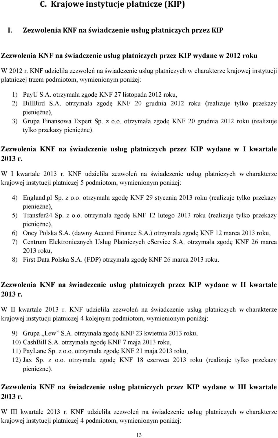 otrzymała zgodę KNF 27 listopada 2012 roku, 2) BillBird S.A. otrzymała zgodę KNF 20 grudnia 2012 roku (realizuje tylko przekazy pieniężne),