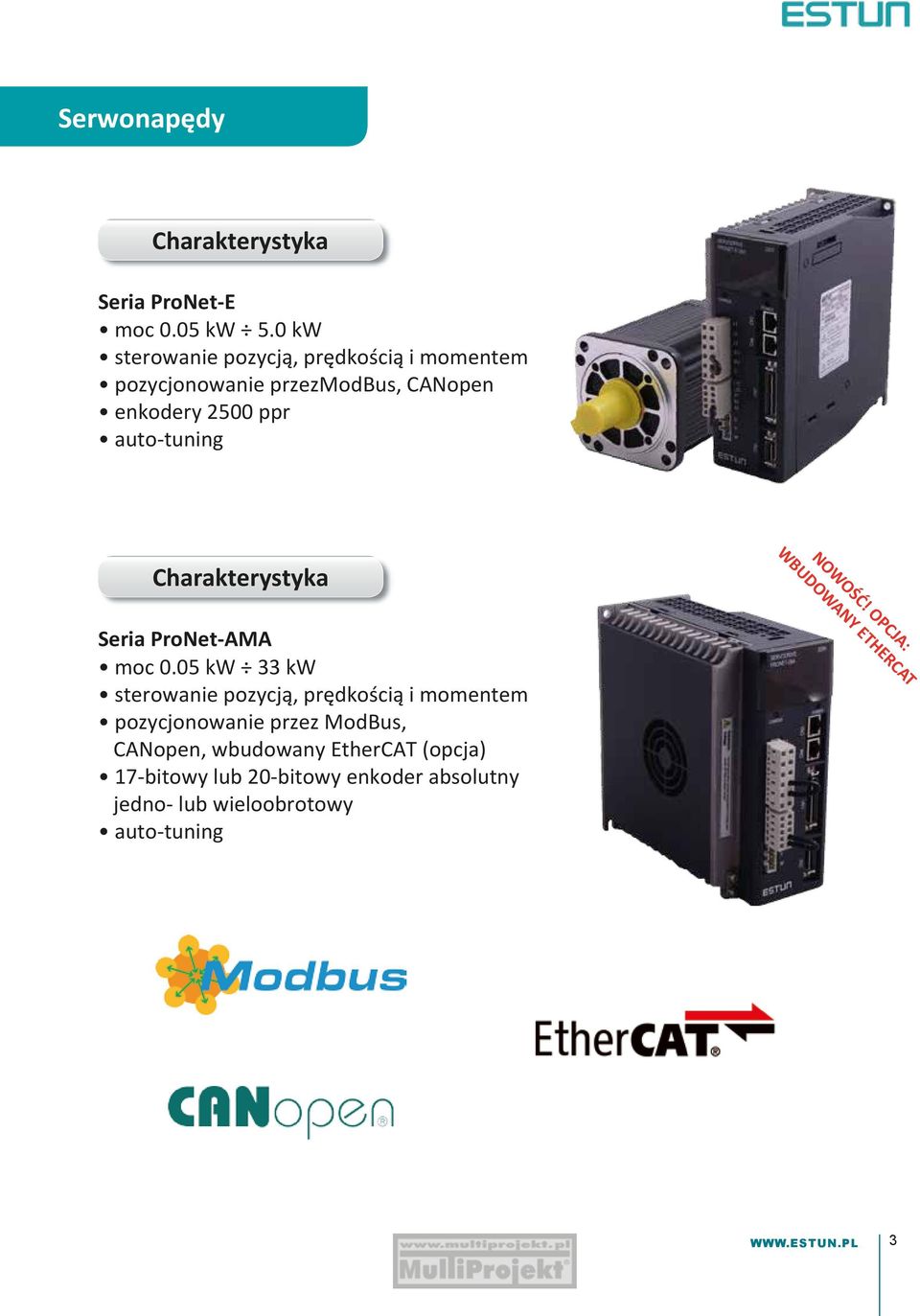 NOWOŚĆ! OPCJA: WBUDOWANY ETHERCAT Charakterystyka Seria ProNetAMA moc 0.