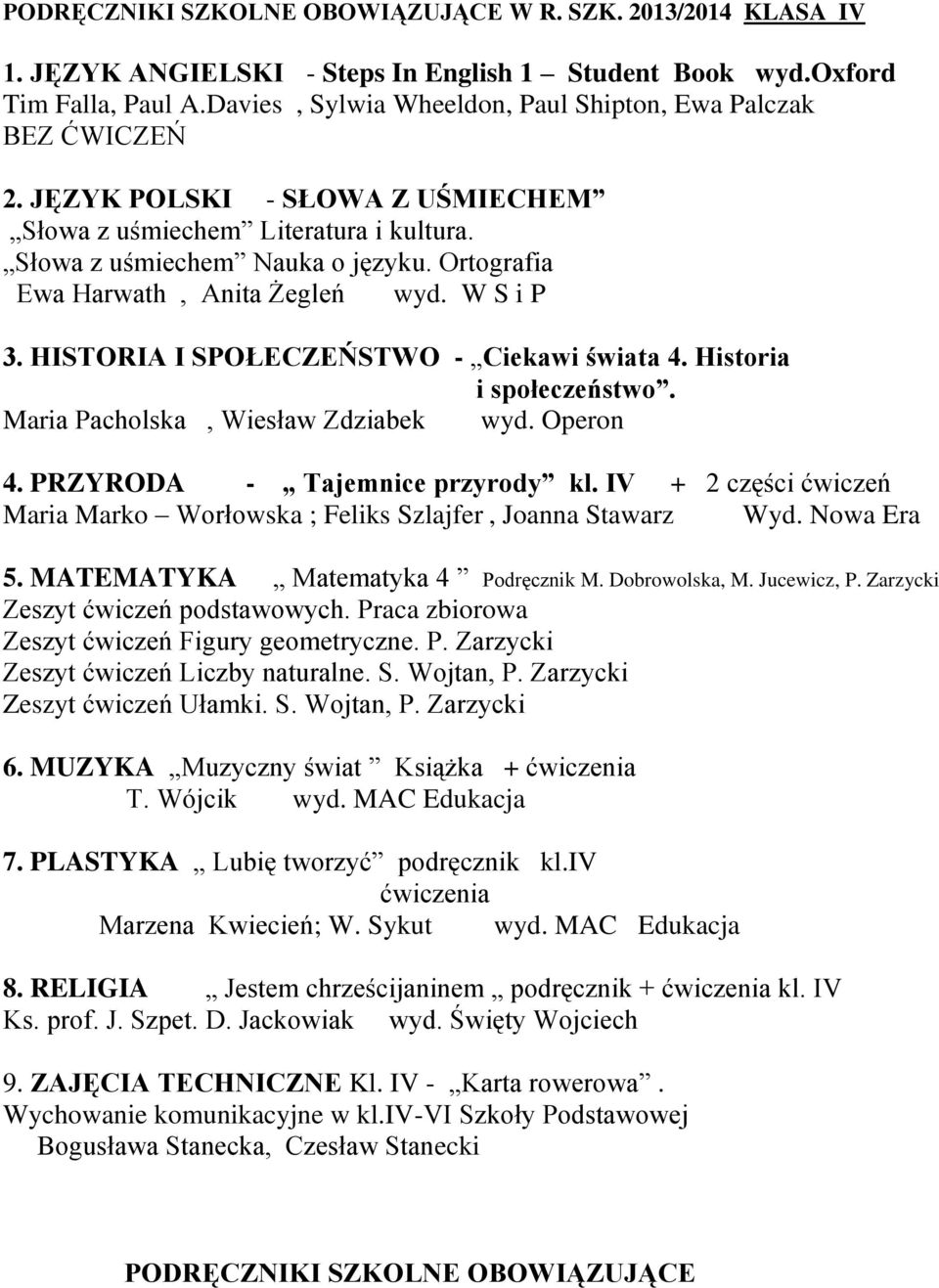 Ortografia Ewa Harwath, Anita Żegleń wyd. W S i P 3. HISTORIA I SPOŁECZEŃSTWO - Ciekawi świata 4. Historia i społeczeństwo. Maria Pacholska, Wiesław Zdziabek wyd. Operon 4.