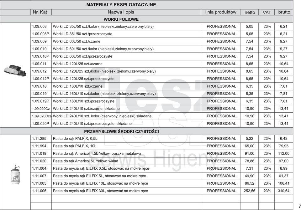 /kolor (niebieski,zielony,czerwony,bia³y) PROFESSIONAL 7,54 23% 9,27 1.09.010P Worki LD 60L/50 szt./przezroczyste PROFESSIONAL 7,54 23% 9,27 1.09.011 Worki LD 120L/25 szt.