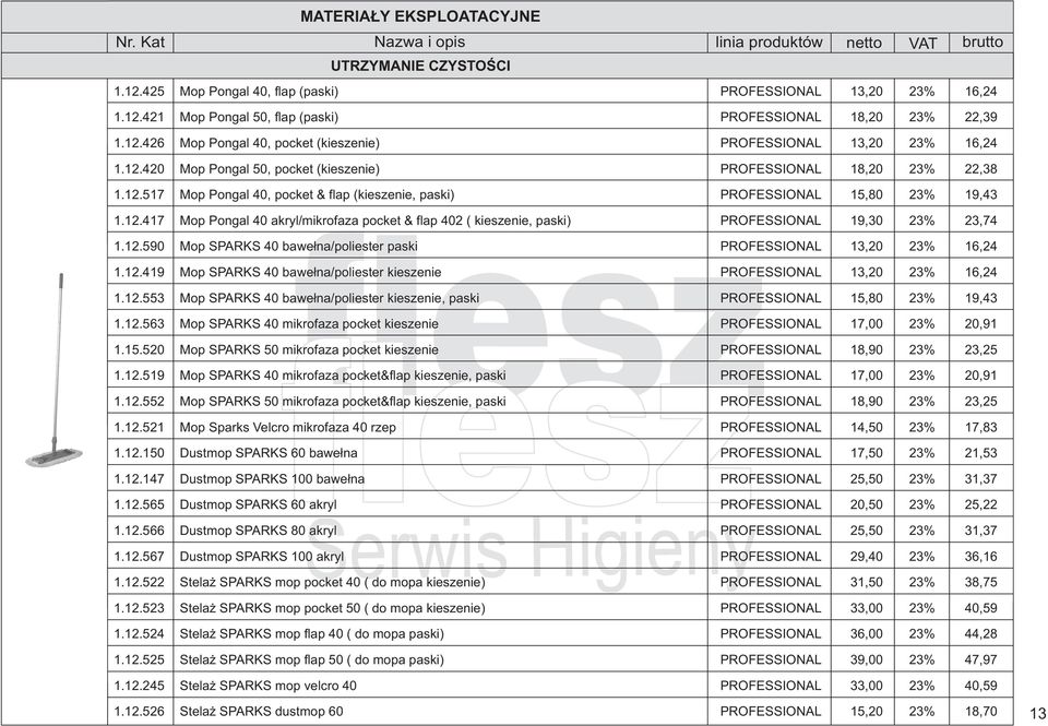 12.590 Mop SPARKS 40 bawe³na/poliester paski PROFESSIONAL 13,20 23% 16,24 1.12.419 Mop SPARKS 40 bawe³na/poliester kieszenie PROFESSIONAL 13,20 23% 16,24 1.12.553 Mop SPARKS 40 bawe³na/poliester kieszenie, paski PROFESSIONAL 15,80 23% 19,43 1.