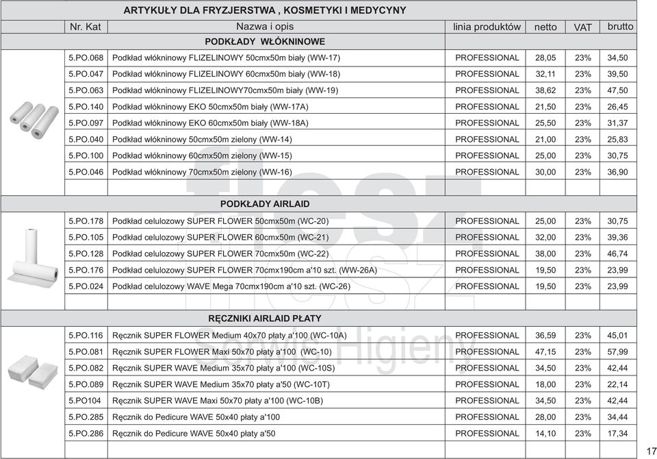 PO.040 Podk³ad w³ókninowy 50cmx50m zielony (WW-14) PROFESSIONAL 21,00 23% 25,83 5.PO.100 Podk³ad w³ókninowy 60cmx50m zielony (WW-15) PROFESSIONAL 25,00 23% 30,75 5.PO.046 Podk³ad w³ókninowy 70cmx50m zielony (WW-16) PROFESSIONAL 30,00 23% 36,90 PODK ADY AIRLAID 5.