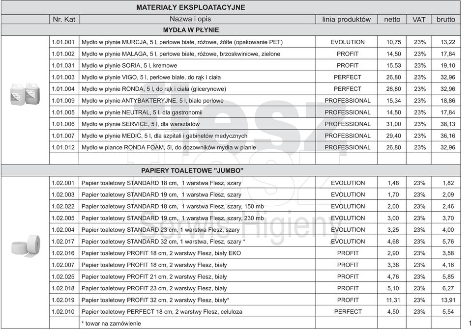 01.031 Myd³o w p³ynie SORIA, 5 l, kremowe PROFIT 15,53 23% 19,10 1.01.003 Myd³o w p³ynie VIGO, 5 l, per³owe bia³e, do r¹k i cia³a PERFECT 26,80 23% 32,96 1.01.004 Myd³o w p³ynie RONDA, 5 l, do r¹k i cia³a (glicerynowe) PERFECT 26,80 23% 32,96 1.