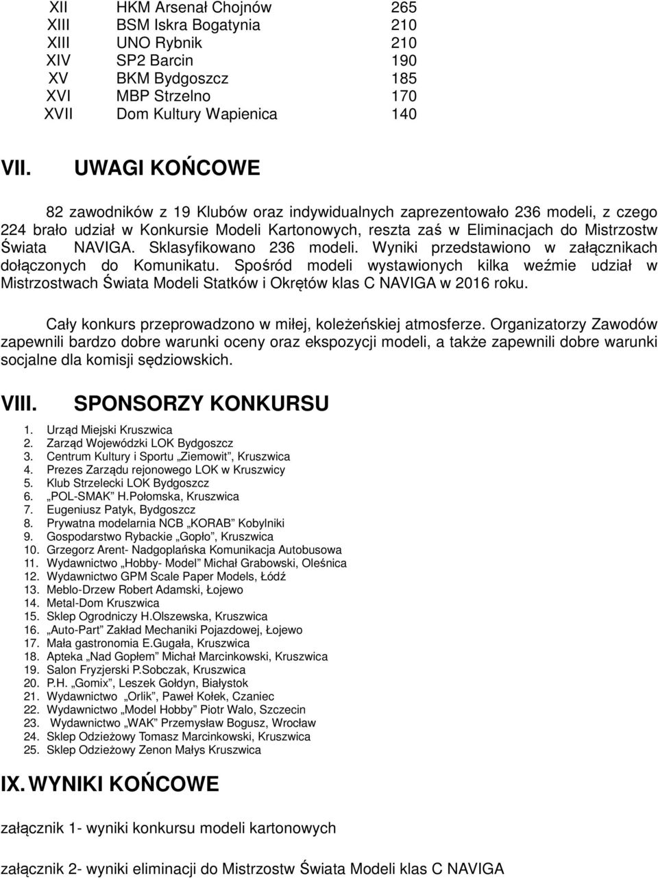 Sklasyfikowano 236 modeli. Wyniki przedstawiono w załącznikach dołączonych do Komunikatu.