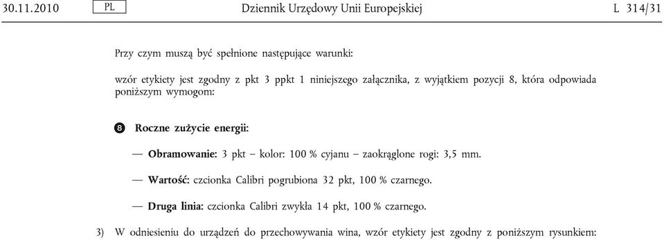ppkt 1 niniejszego załącznika, z wyjątkiem pozycji 8, która odpowiada poniższym wymogom: Roczne zużycie energii: Obramowanie: 3 pkt