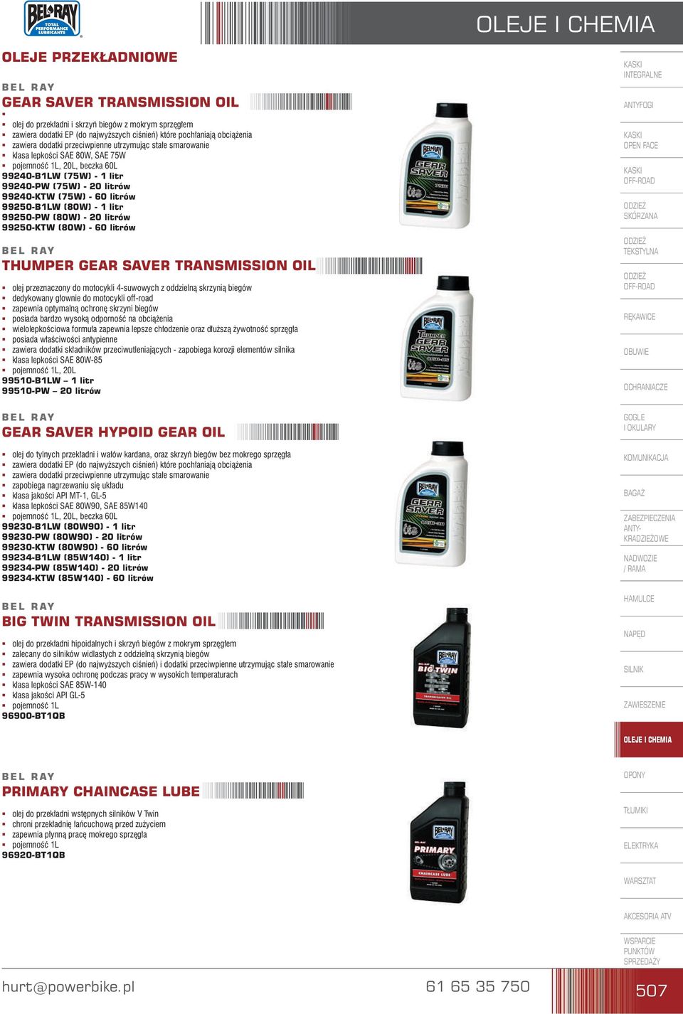 (80W) - 1 litr 99250-PW (80W) - 20 litrów 99250-KTW (80W) - 60 litrów THUMPER GEAR SAVER TRANSMISSION OIL ß olej przeznaczony do motocykli 4-suwowych z oddzielną skrzynią biegów ß dedykowany głownie