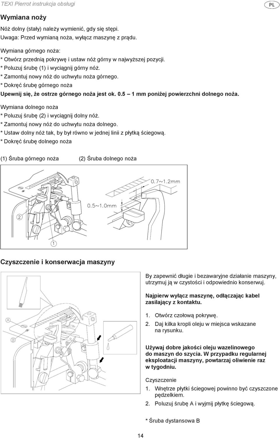 * Dokręć śrubę górnego noża Upewnij się, że ostrze górnego noża jest ok. 0.5 1 mm poniżej powierzchni dolnego noża. Wymiana dolnego noża * Poluzuj śrubę (2) i wyciągnij dolny nóż.