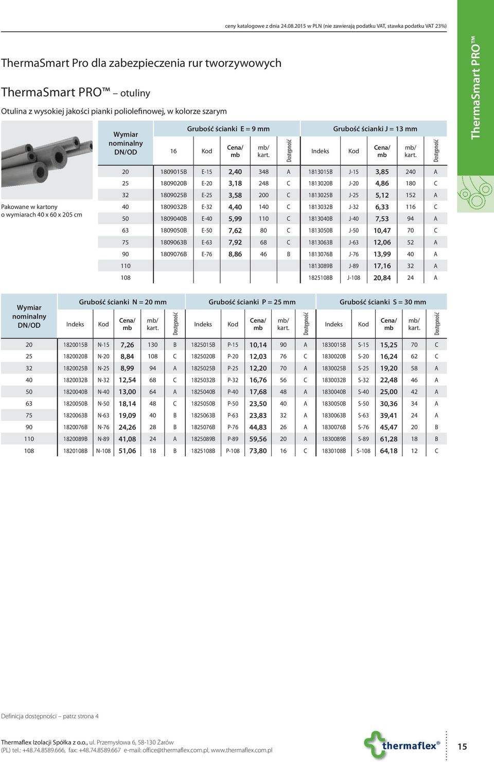 szarym Wymiar nominalny DN/OD Grubość ścianki E = 9 mm Grubość ścianki J = 13 mm 16 ThermaSmart PRO Pakowane w kartony o wymiarach 40 x 60 x 205 cm 20 1809015 E-15 2,40 348 A 1813015 J-15 3,85 240 A