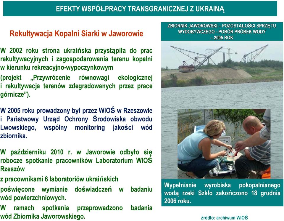 prace górnicze ). W 2005 roku prowadzony był przez WIOŚ w Rzeszowie i Państwowy Urząd Ochrony Środowiska obwodu Lwowskiego, wspólny monitoring jakości wód zbiornika. W październiku 2010 r.