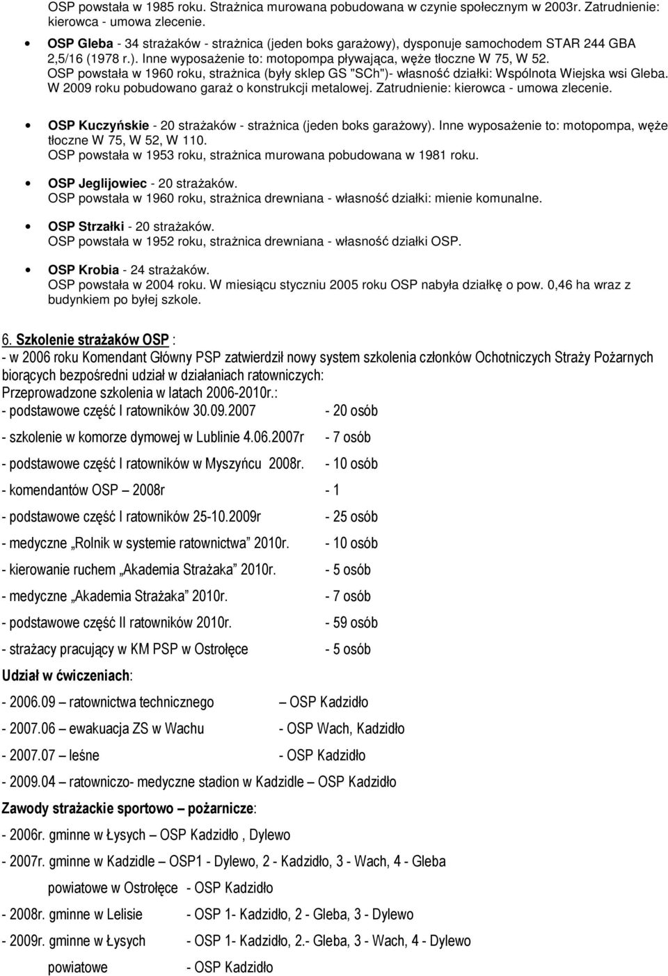 OSP powstała w 1960 roku, straŝnica (były sklep GS "SCh")- własność działki: Wspólnota Wiejska wsi Gleba. W 2009 roku pobudowano garaŝ o konstrukcji metalowej. Zatrudnienie: kierowca - umowa zlecenie.