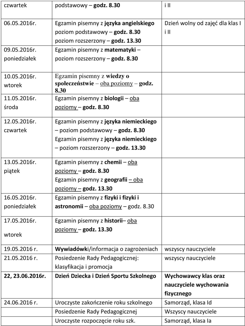 05.2016r. wtorek Egzamin pisemny z wiedzy o społeczeństwie oba poziomy godz. 8.30 Egzamin pisemny z biologii oba poziomy godz. 8.30 Egzamin pisemny z języka niemieckiego poziom podstawowy godz. 8.30 Egzamin pisemny z języka niemieckiego poziom rozszerzony godz.