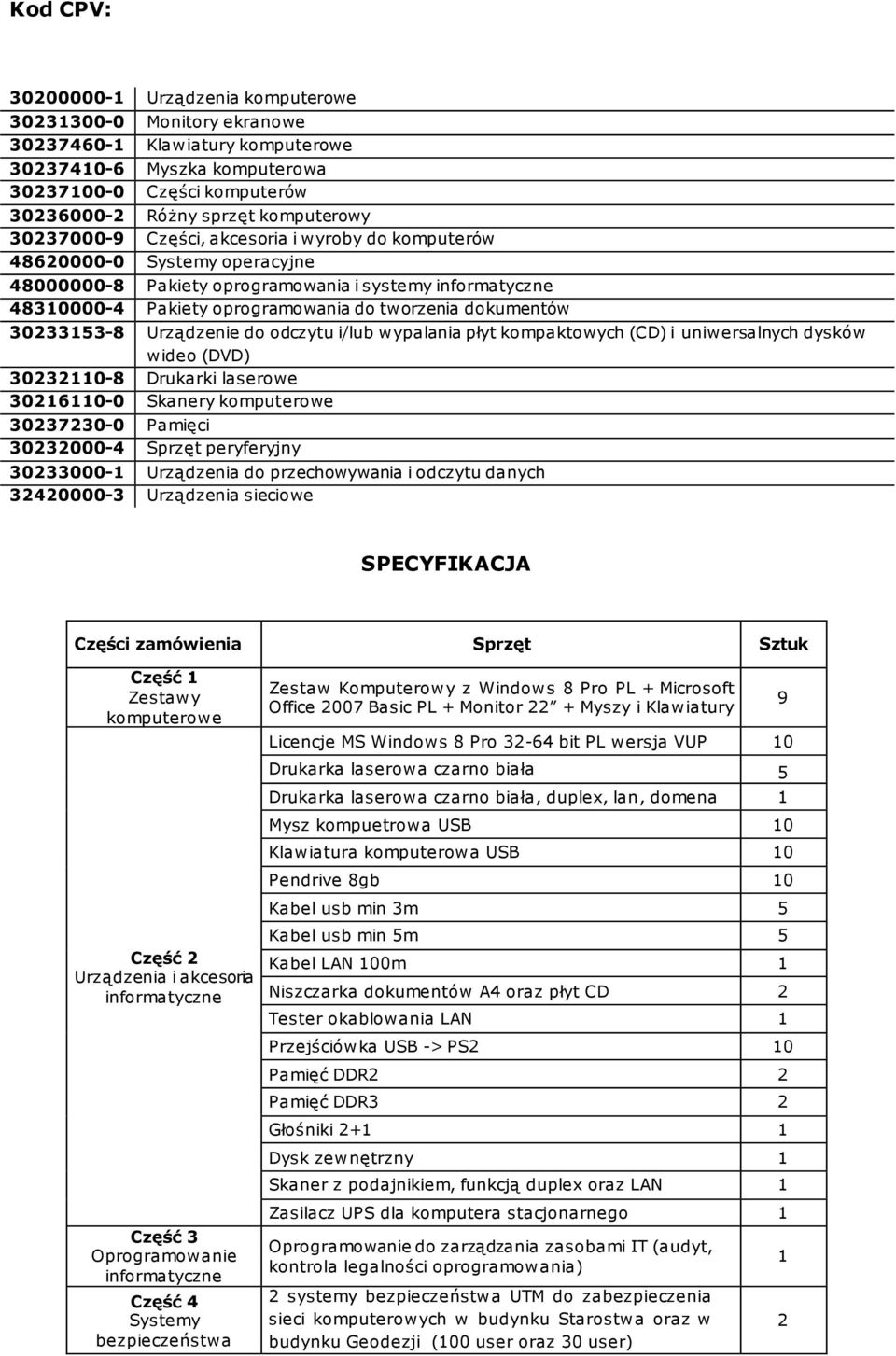dokumentów 30233153-8 Urządzenie do odczytu i/lub wypalania płyt kompaktowych (CD) i uniwersalnych dysków wideo (DVD) 30232110-8 Drukarki laserowe 30216110-0 Skanery komputerowe 30237230-0 Pamięci