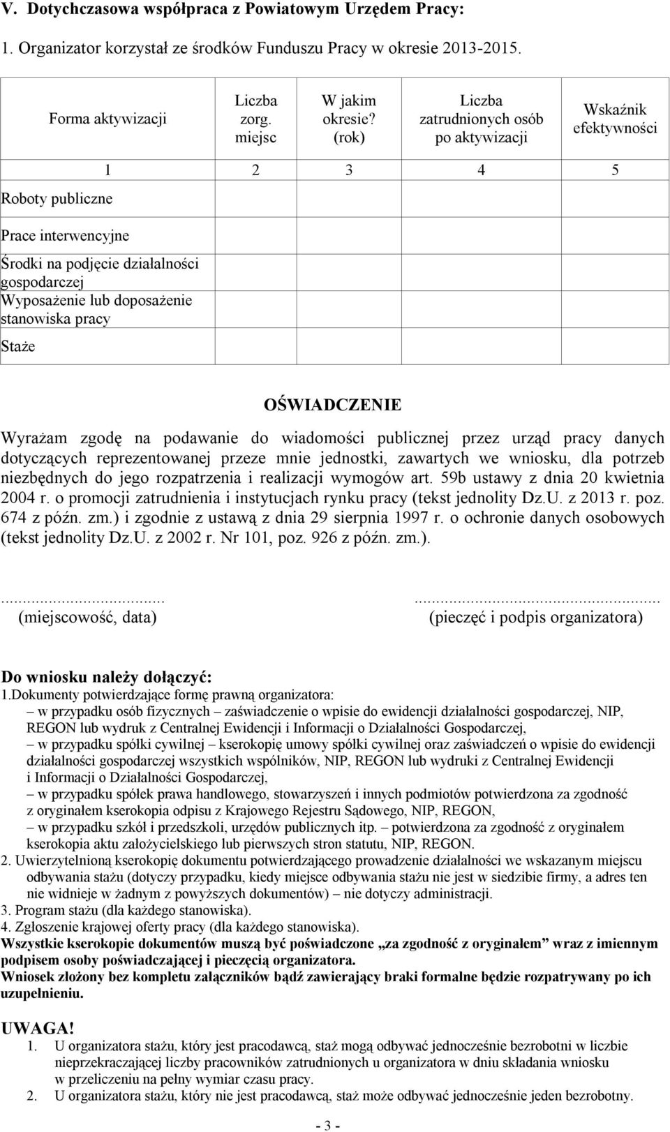 3 4 5 OŚWIADCZENIE Wyrażam zgodę na podawanie do wiadomości publicznej przez urząd pracy danych dotyczących reprezentowanej przeze mnie jednostki, zawartych we wniosku, dla potrzeb niezbędnych do