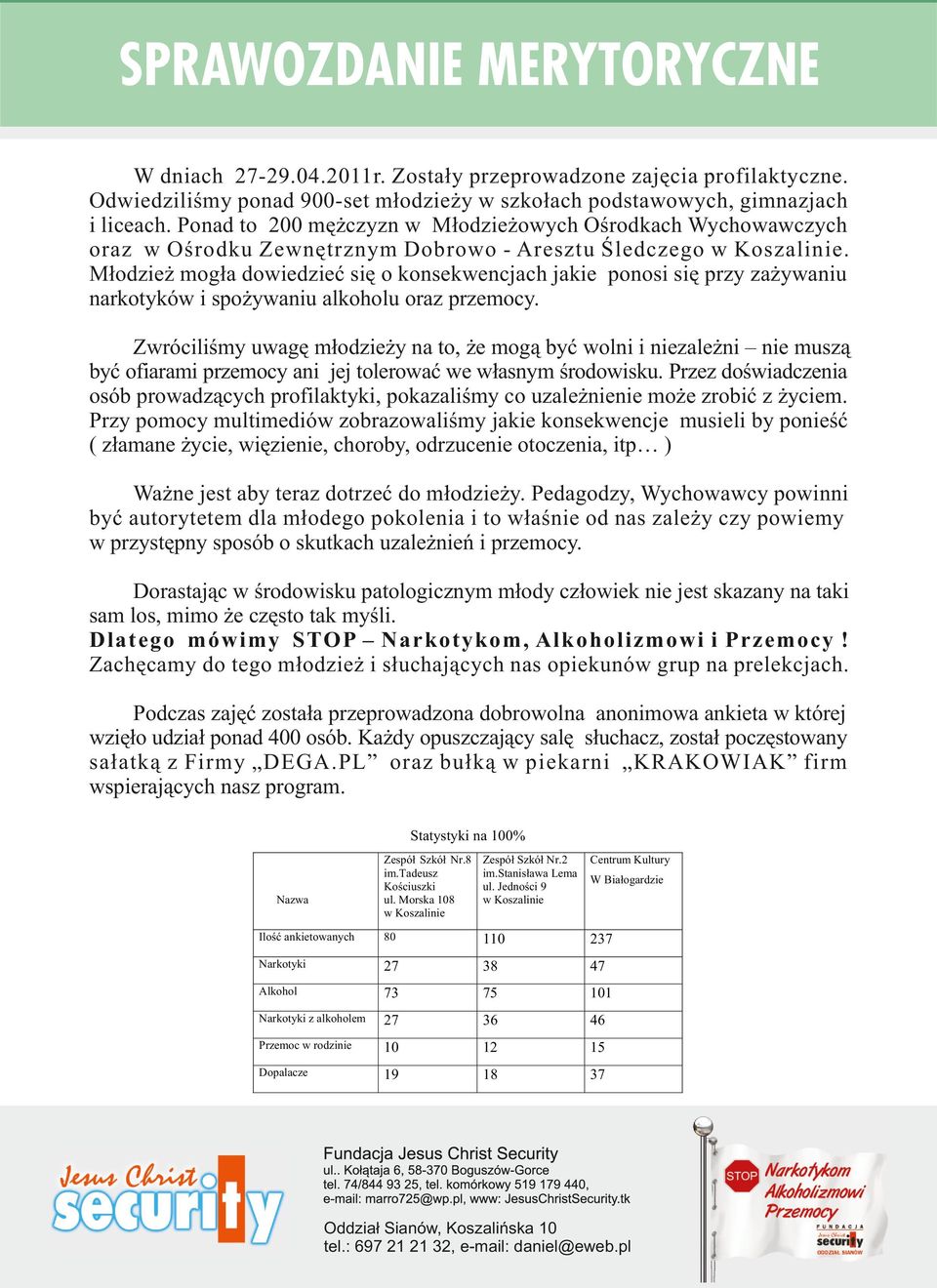 Młodzież mogła dowiedzieć się o konsekwencjach jakie ponosi się przy zażywaniu narkotyków i spożywaniu alkoholu oraz przemocy.
