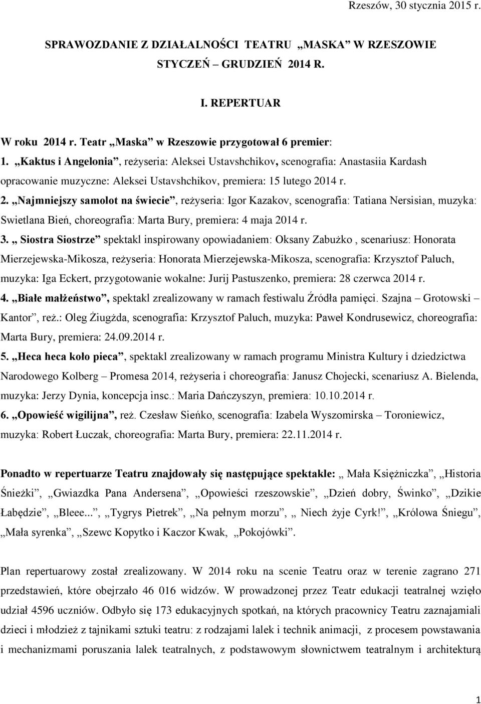 14 r. 2. Najmniejszy samolot na świecie, reżyseria: Igor Kazakov, scenografia: Tatiana Nersisian, muzyka: Swietlana Bień, choreografia: Marta Bury, premiera: 4 maja 2014 r. 3.