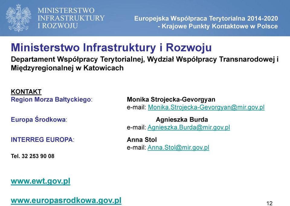 INTERREG EUROPA: Tel. 32 253 90 08 Monika Strojecka-Gevorgyan e-mail: Monika.Strojecka-Gevorgyan@mir.gov.