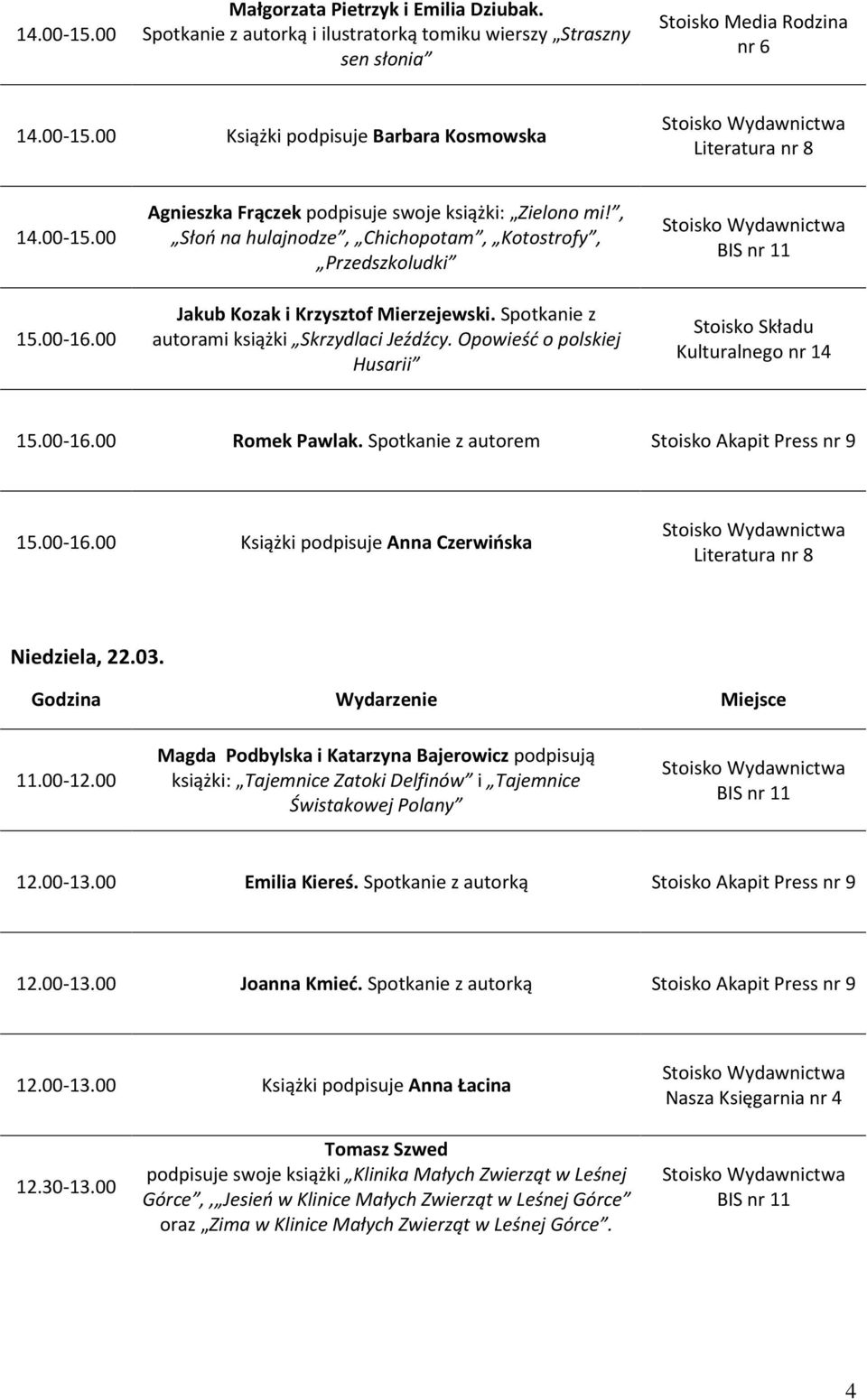 Spotkanie z autorami książki Skrzydlaci Jeźdźcy. Opowieść o polskiej Husarii 15.00-16.00 Romek Pawlak. Spotkanie z autorem Stoisko Akapit Press nr 9 15.00-16.00 Książki podpisuje Anna Czerwińska Niedziela, 22.