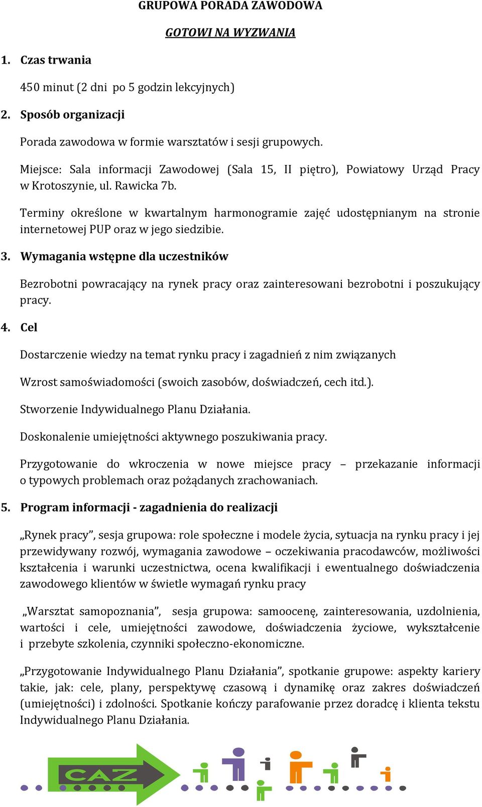 Dostarczenie wiedzy na temat rynku pracy i zagadnień z nim związanych Wzrost samoświadomości (swoich zasobów, doświadczeń, cech itd.). Stworzenie Indywidualnego Planu Działania.