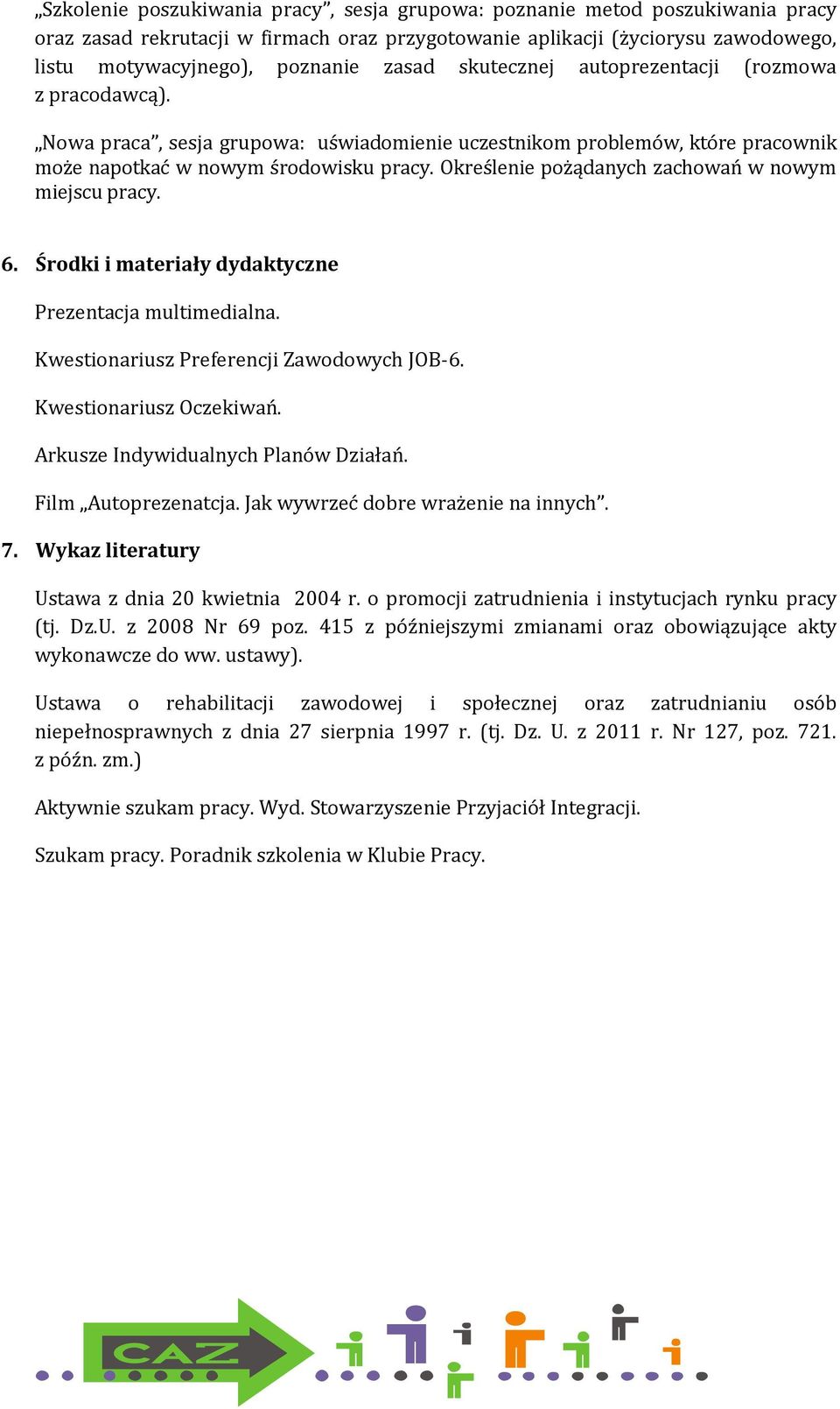 Określenie pożądanych zachowań w nowym miejscu pracy. Prezentacja multimedialna. Kwestionariusz Preferencji Zawodowych JOB-6. Kwestionariusz Oczekiwań. Arkusze Indywidualnych Planów Działań.