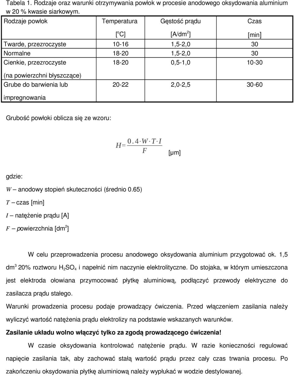 błyszczące) Grube do barwienia lub 20-22 2,0-2,5 30-60 impregnowania Grubość powłoki oblicza się ze wzoru: H= 0.4 W T I F [µm] gdzie: W anodowy stopień skuteczności (średnio 0.